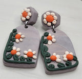 Gray Slab Polymer Clay Post Earrings with Daisy Style Flowers