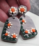 Gray Slab Polymer Clay Post Earrings with Daisy Style Flowers