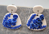 White Slab Polymer Clay Post Earrings with Blue Handmade Roses