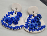 White Slab Polymer Clay Post Earrings with Blue Handmade Roses