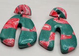 Green and Candy Cane Patterned Shiny Arches Polymer Clay Dangle Christmas Earrings