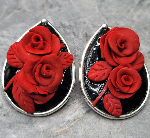 Red Roses On Black Polymer Clay Post Earrings
