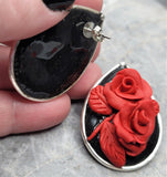 Red Roses On Black Polymer Clay Post Earrings