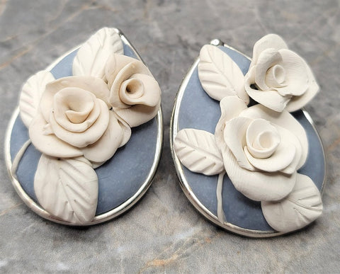 White Roses On Blue Polymer Clay Post Earrings