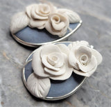 White Roses On Blue Polymer Clay Post Earrings