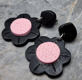 Black Daisy Flower with Pink Centers Polymer Clay Post Earrings