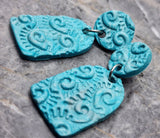 Turquoise Blue Arch Shaped Embossed Polymer Clay Dangle Earrings