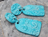 Turquoise Blue Arch Shaped Embossed Polymer Clay Dangle Earrings