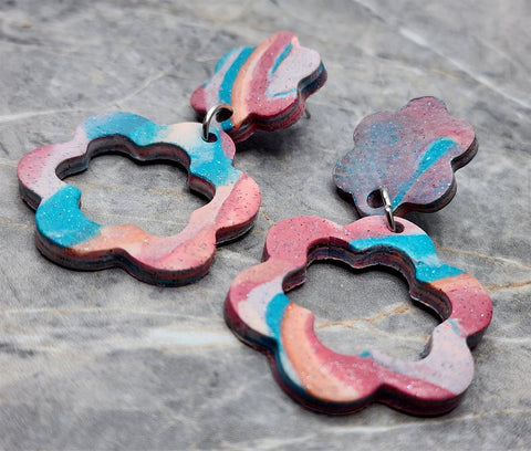 MultiColored Striated Flower Polymer Clay Post Earrings