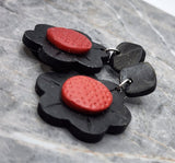 Black Daisy Flower with Red Centers Polymer Clay Post Earrings