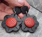 Black Daisy Flower with Red Centers Polymer Clay Post Earrings