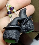 Green Witch Polymer Clay Earrings with Purple Swarovski Crystals