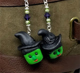 Green Witch Polymer Clay Earrings with Purple Swarovski Crystals