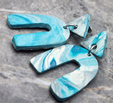 Rainbow Shaped Blue and White Polymer Clay Dangle Post Earrings