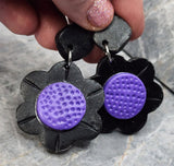 Black Daisy Flower with Purple Centers Polymer Clay Post Earrings
