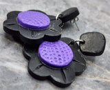 Black Daisy Flower with Purple Centers Polymer Clay Post Earrings