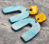Rainbow Shaped Blue Polymer Clay Dangle with Gold Square Connector Post Earrings