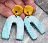Rainbow Shaped Blue Polymer Clay Dangle with Gold Square Connector Post Earrings