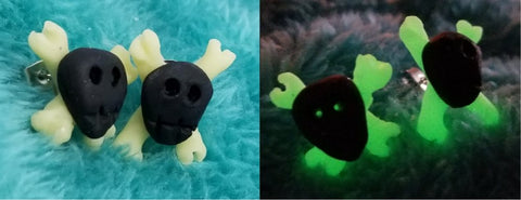 Black Skull with Glow in the Dark Crossbones Polymer Clay Post Earrings