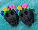 Black Skull with a Flower Crown Polymer Clay Post Earrings