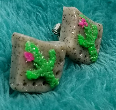 Cactus on Granite Polymer Clay Post Earrings