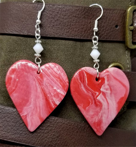 White and Red Marbled Polymer Clay Large Heart Earrings with White Swarovski Crystals