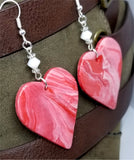 White and Red Marbled Polymer Clay Large Heart Earrings with White Swarovski Crystals
