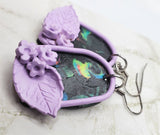 Marble Slab with Purple Border, Flowers and Leaves Dangling Polymer Clay Earrings