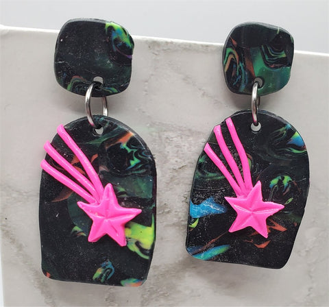 Arched Marbleized Slab with Pink Shooting Stars Polymer Clay Post Earrings