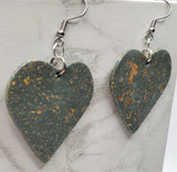 Large Olive Green Heart Polymer Clay Earrings with Gold Leaf