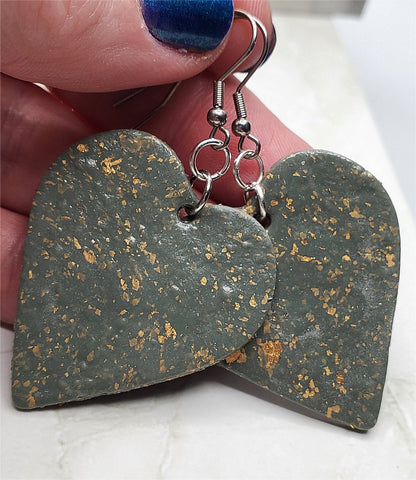Large Olive Green Heart Polymer Clay Earrings with Gold Leaf