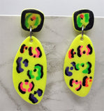 Neon Yellow Pop Polymer Clay Earrings with Hand Painted Animal Print