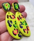 Neon Yellow Pop Polymer Clay Earrings with Hand Painted Animal Print
