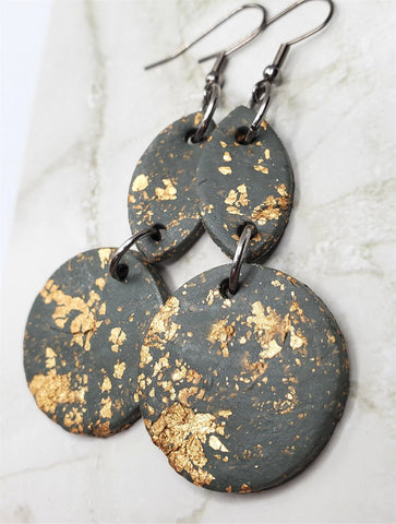 Olive Green Dangle Polymer Clay Earrings with Gold Leaf