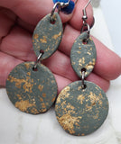 Olive Green Dangle Polymer Clay Earrings with Gold Leaf