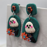 Arched Green Slab Polymer Clay Post Earrings with a Ghost and Flowers