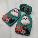 Arched Green Slab Polymer Clay Post Earrings with a Ghost and Flowers