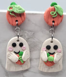 Large Ghost Polymer Clay Earrings Holding A Pumpkin