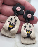 Large Ghost Polymer Clay Earrings Holding A Black Cat with Black Flower Studs