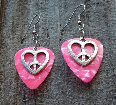 CLEARANCE Peace Sign Heart Charm Guitar Pick Earrings - Pick Your Color