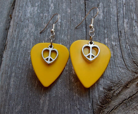 CLEARANCE Small Peace Sign Heart Charm on Yellow Guitar Pick Earrings
