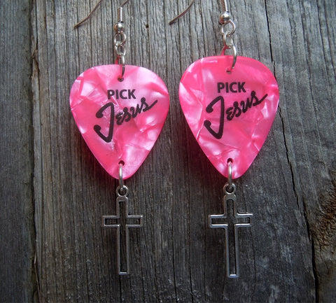 Pick Jesus Guitar Pick Earrings with Cross Charms - Pick Your Color