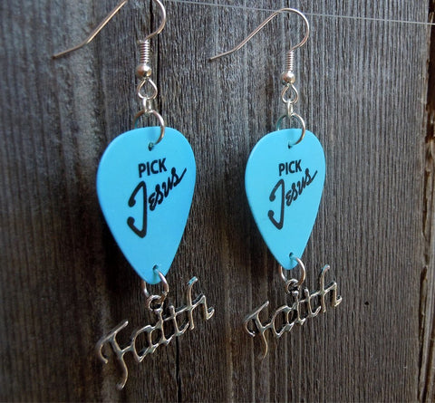Pick Jesus Guitar Pick Earrings with Faith Charms - Pick Your Color