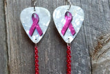 Pink Ribbon Guitar Pick Earrings with Long Pink Chain Dangles