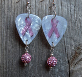 Pink Ribbon Guitar Pick Earrings with Pink Pave Bead Dangles
