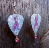 Pink Ribbon Guitar Pick Earrings with Pink Crystal Charms