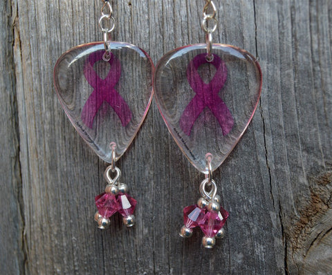 Transparent Pink Ribbon Guitar Pick Earrings with Pink Swarovski Crystal Dangles