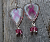 Transparent Pink Ribbon Guitar Pick Earrings with Pink Swarovski Crystal Dangles