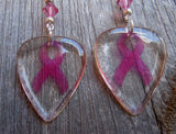 Transparent Pink Ribbon Guitar Pick Earrings with Pink Swarovski Crystals