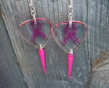 Pink Ribbon Transparent Guitar Pick Earrings with Pink Spike Dangles